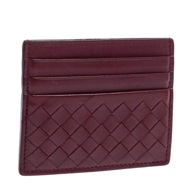 Pre Owned Bottega Veneta Dark Red Intrecciato Leather Card Holder