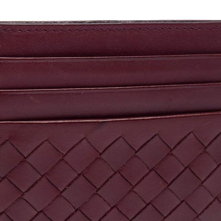 Pre Owned Bottega Veneta Dark Red Intrecciato Leather Card Holder