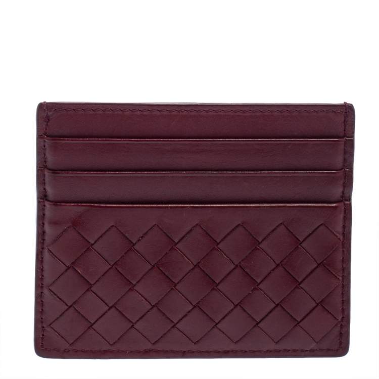 Pre Owned Bottega Veneta Dark Red Intrecciato Leather Card Holder