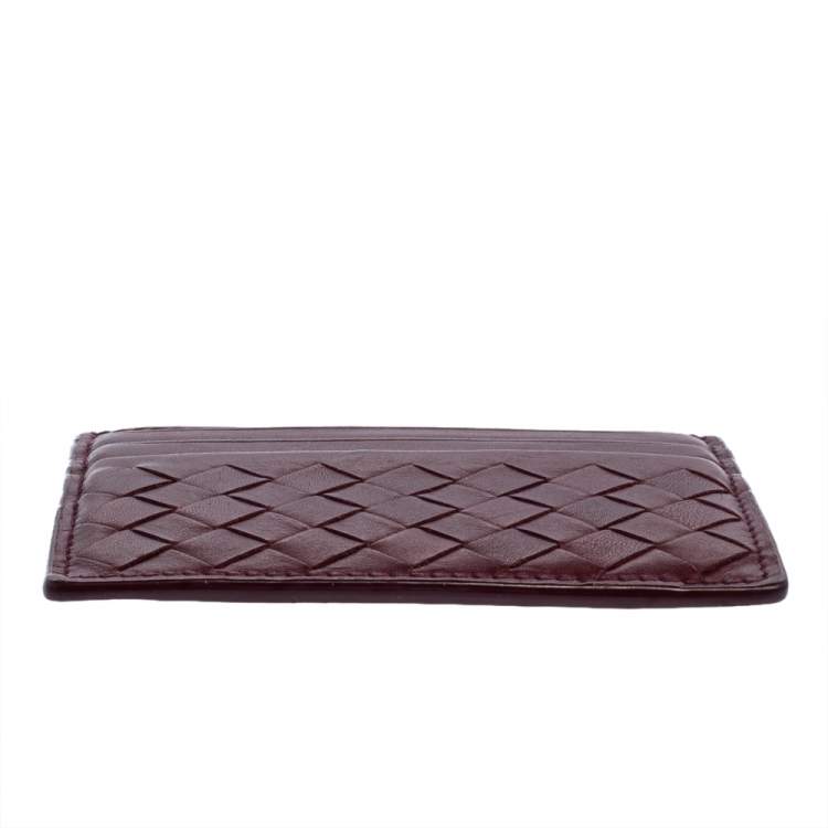 Pre Owned Bottega Veneta Dark Red Intrecciato Leather Card Holder