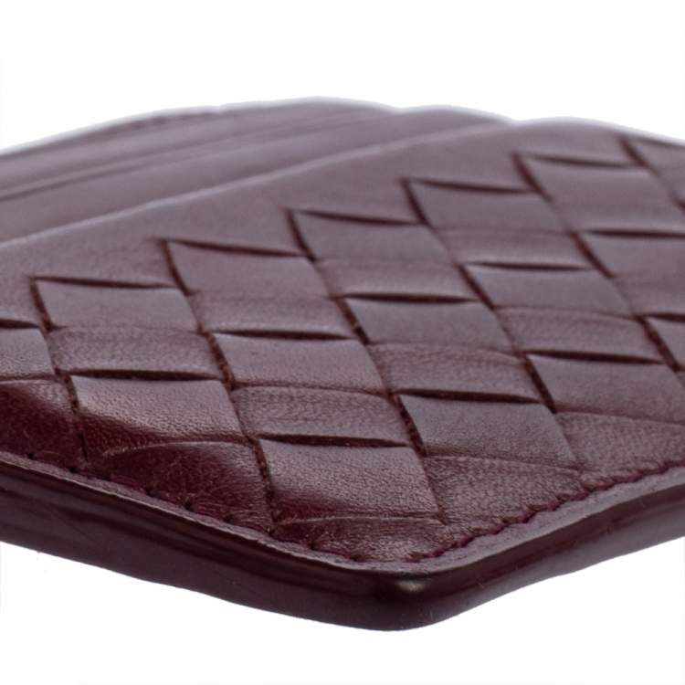 Pre Owned Bottega Veneta Dark Red Intrecciato Leather Card Holder