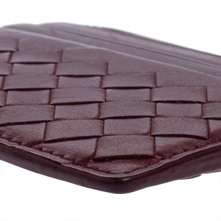 Pre Owned Bottega Veneta Dark Red Intrecciato Leather Card Holder