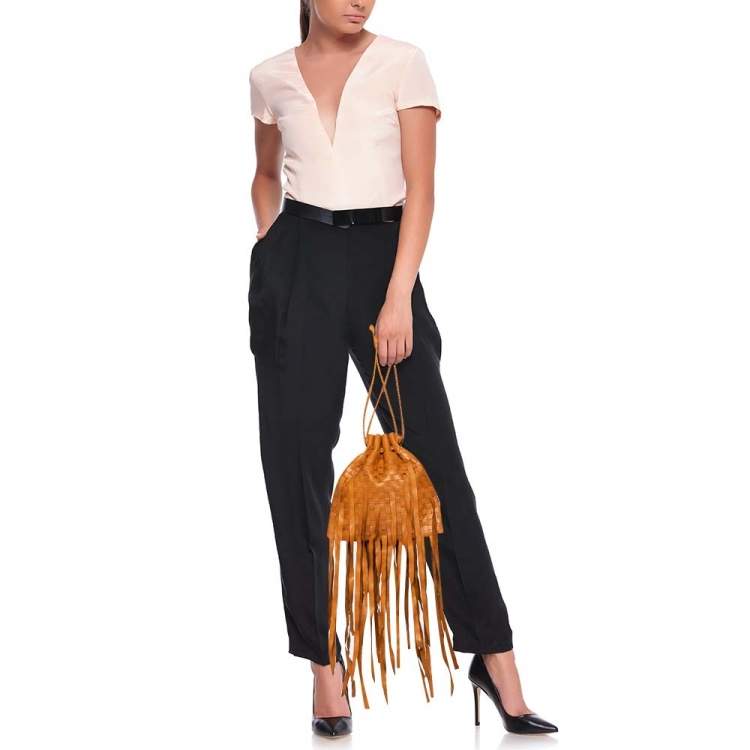 Pre Owned Bottega Veneta Brown Leather Fringe Drawstring Bucket Bag