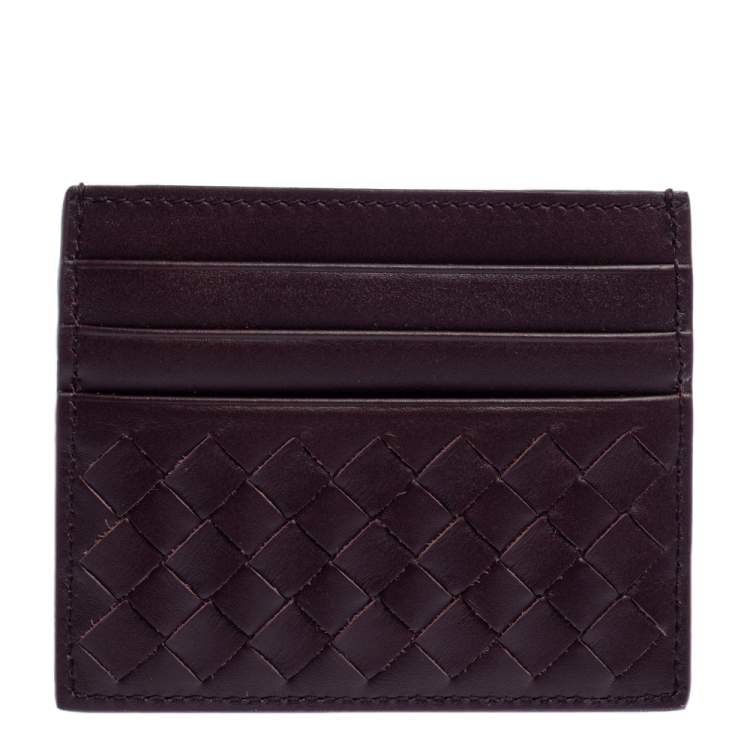 Pre Owned Bottega Veneta Burgundy Intrecciato Leather Card Holder