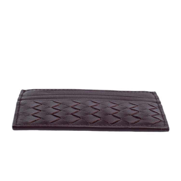 Pre Owned Bottega Veneta Burgundy Intrecciato Leather Card Holder