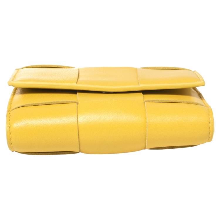 Pre Owned Bottega Veneta Yellow Maxi Intrecciato Leather Trifold Wallet