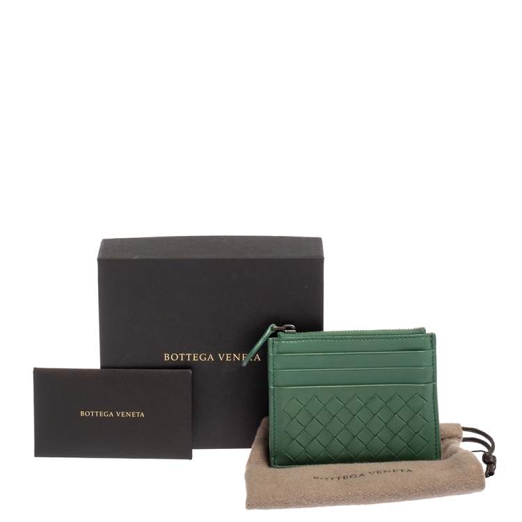Pre Owned Bottega Veneta Green Intrecciato Leather Zip Card Holder 