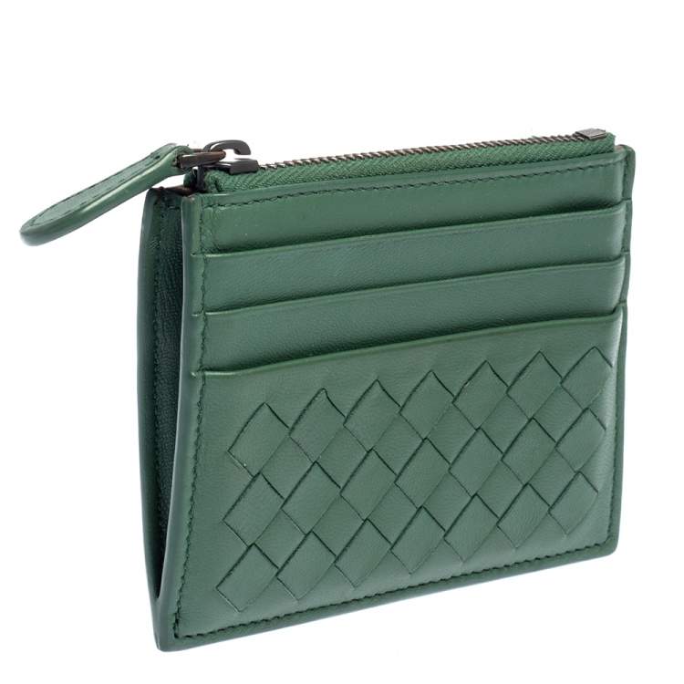 Pre Owned Bottega Veneta Green Intrecciato Leather Zip Card Holder 