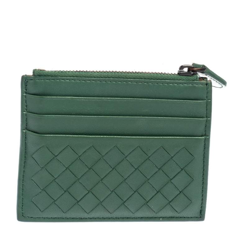 Pre Owned Bottega Veneta Green Intrecciato Leather Zip Card Holder 