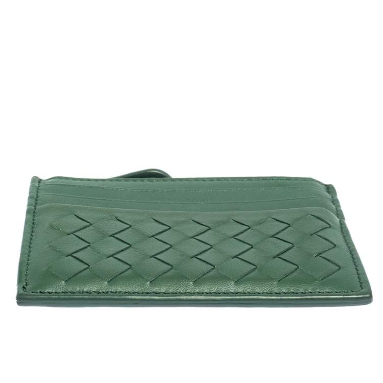 Pre Owned Bottega Veneta Green Intrecciato Leather Zip Card Holder 