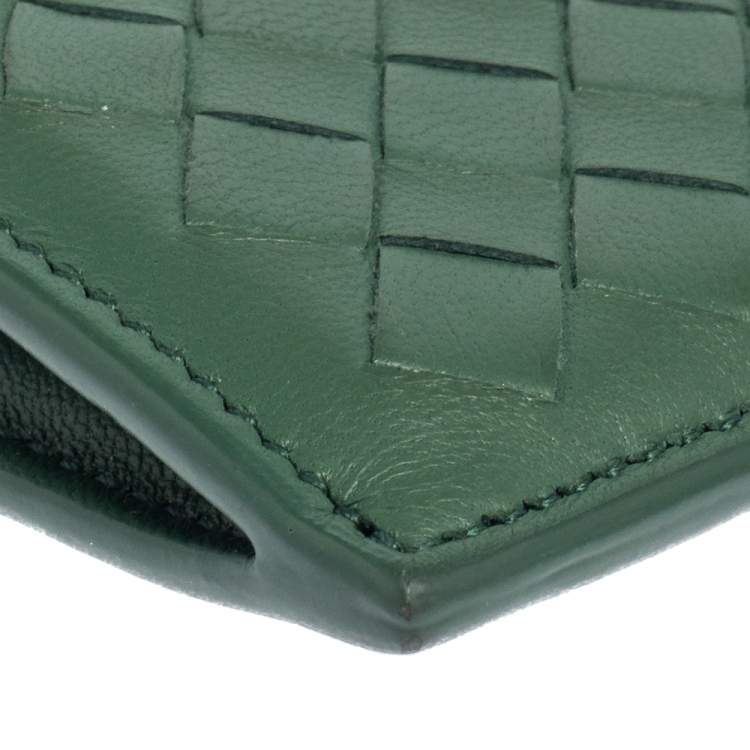 Pre Owned Bottega Veneta Green Intrecciato Leather Zip Card Holder 