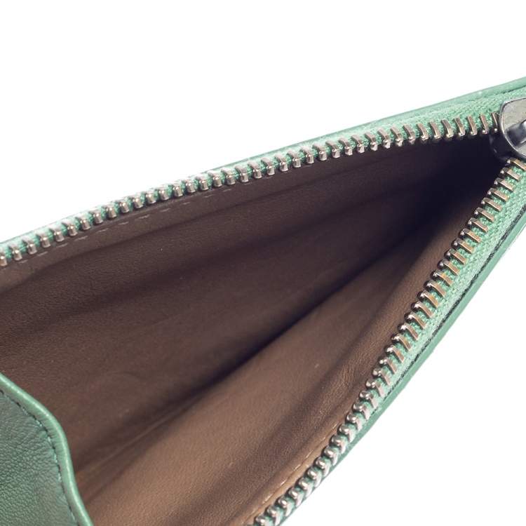 Pre Owned Bottega Veneta Green Intrecciato Leather Zip Card Holder 
