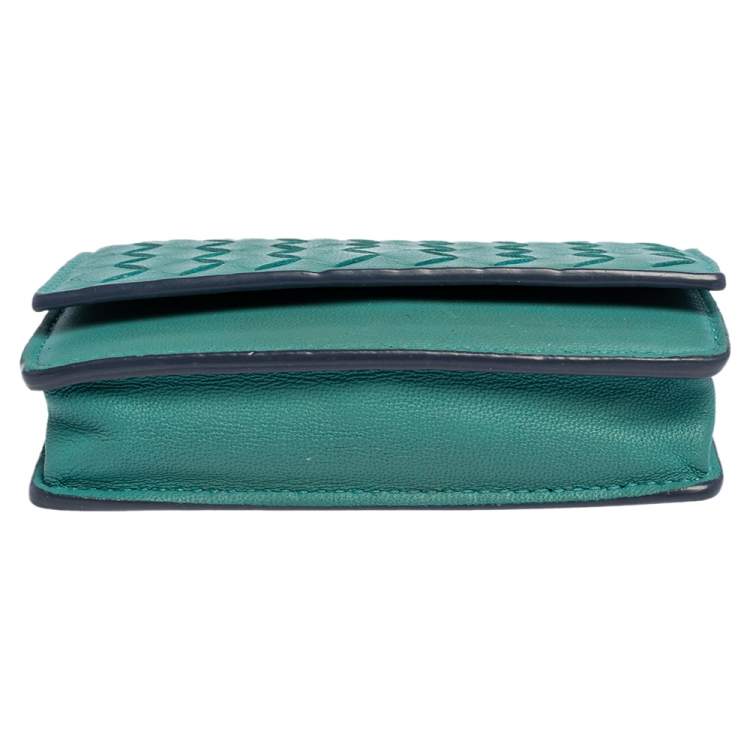 Pre Owned Bottega Veneta Turquoise Intrecciato Leather Business Card Holder