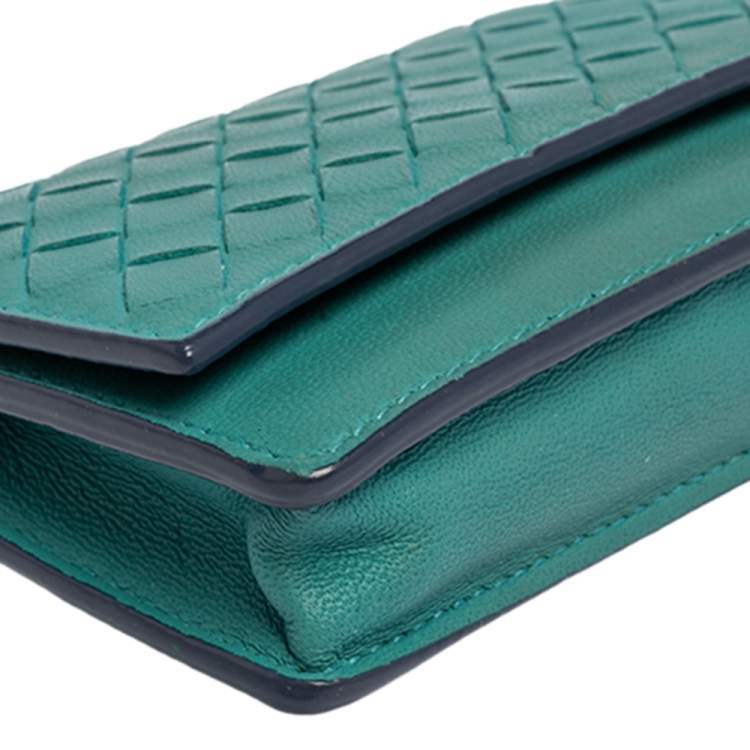 Pre Owned Bottega Veneta Turquoise Intrecciato Leather Business Card Holder