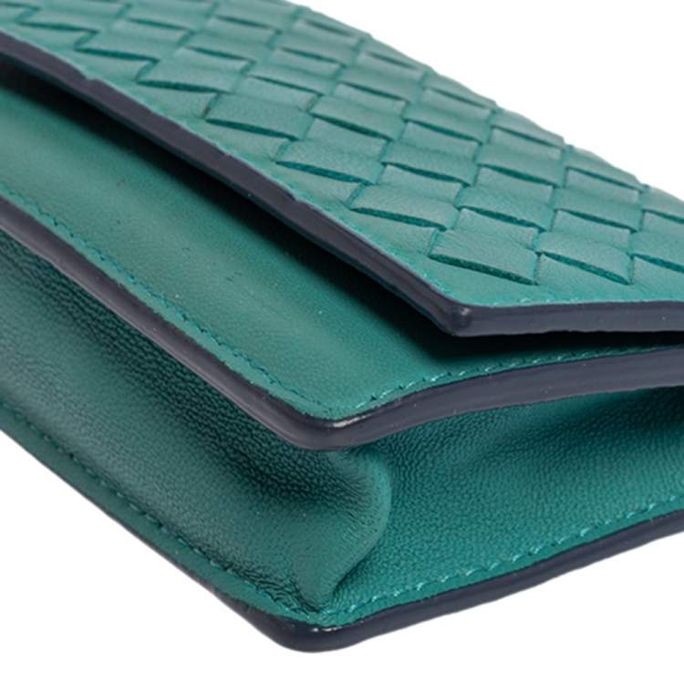Pre Owned Bottega Veneta Turquoise Intrecciato Leather Business Card Holder
