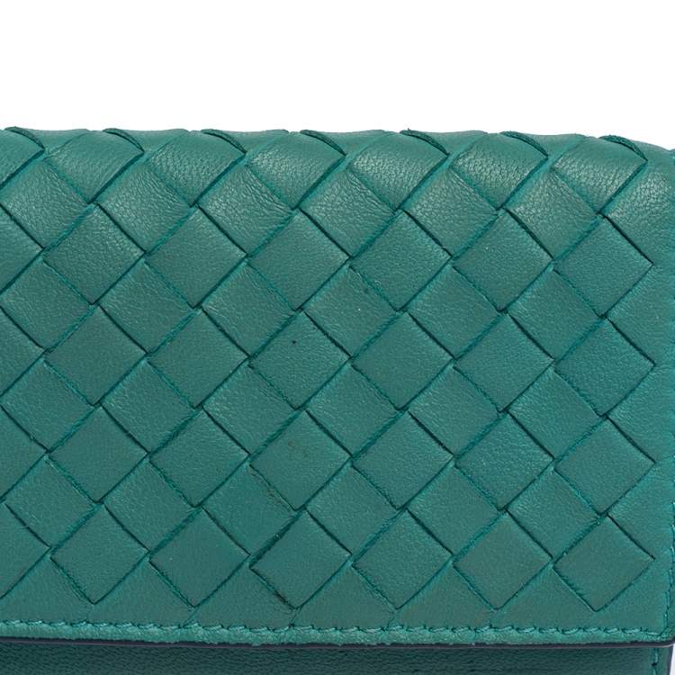 Pre Owned Bottega Veneta Turquoise Intrecciato Leather Business Card Holder