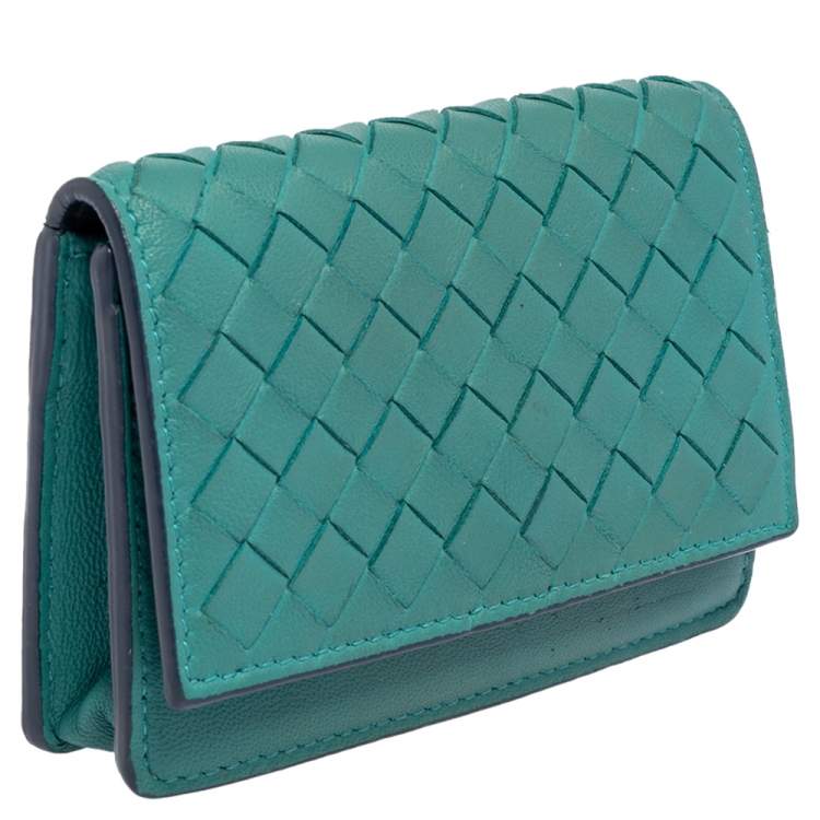 Pre Owned Bottega Veneta Turquoise Intrecciato Leather Business Card Holder