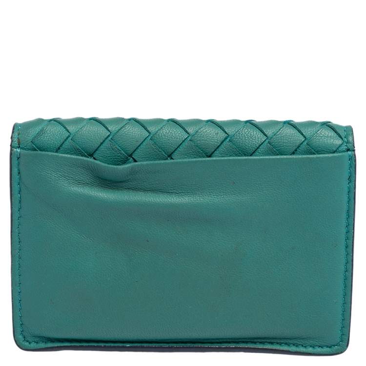 Pre Owned Bottega Veneta Turquoise Intrecciato Leather Business Card Holder