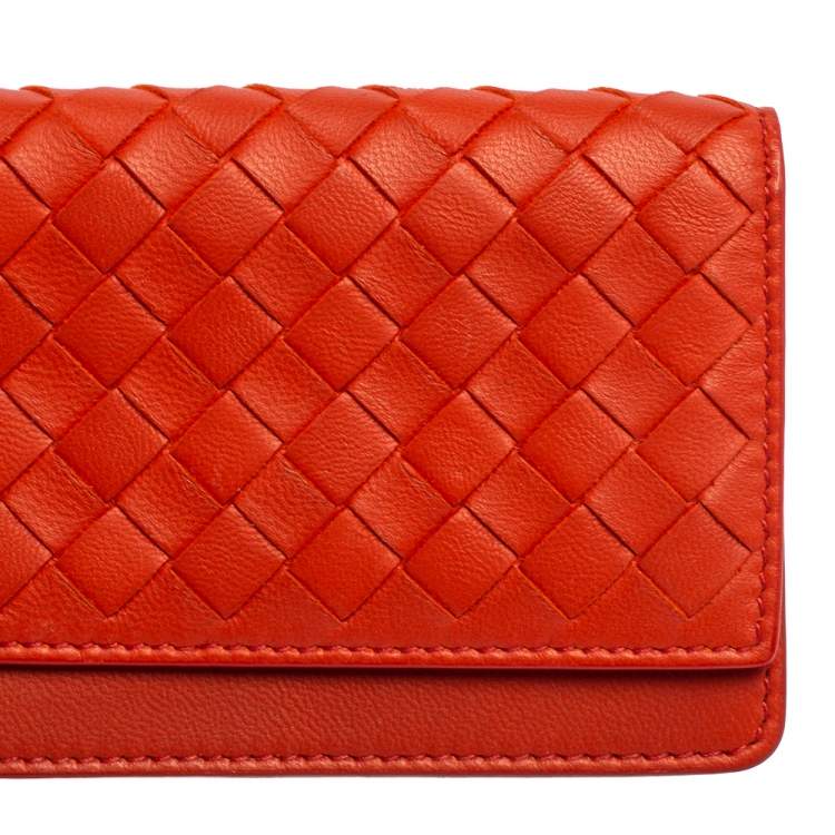 Pre Owned Bottega Veneta Orange Intrecciato Leather Business Card Holder
