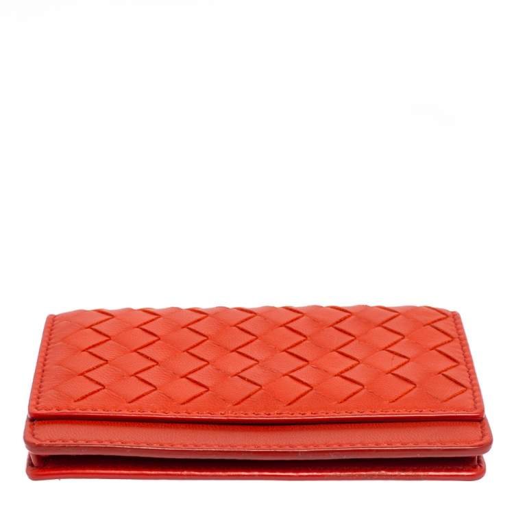 Pre Owned Bottega Veneta Orange Intrecciato Leather Business Card Holder