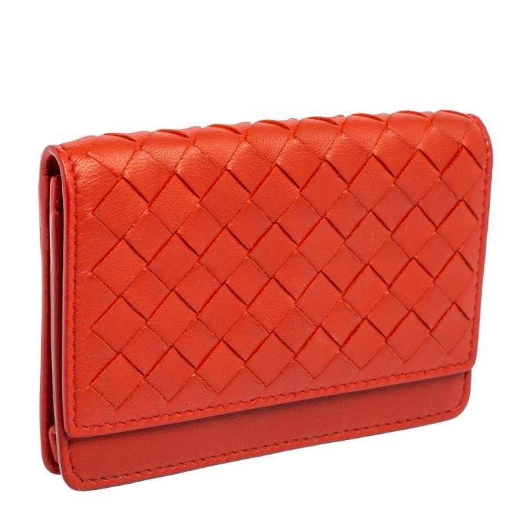 Pre Owned Bottega Veneta Orange Intrecciato Leather Business Card Holder