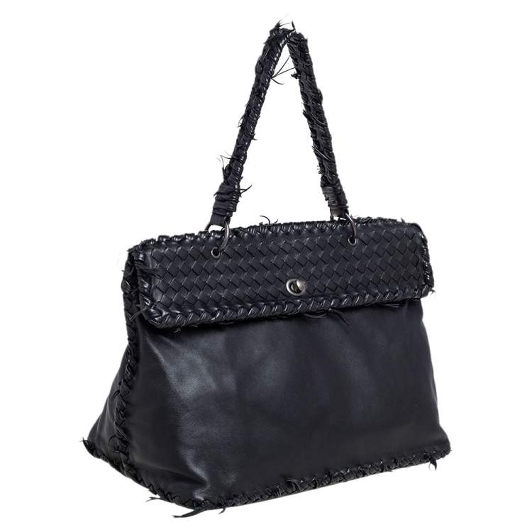 Pre Owned Bottega Veneta Black Intrecciato Leather Top Handle Bag