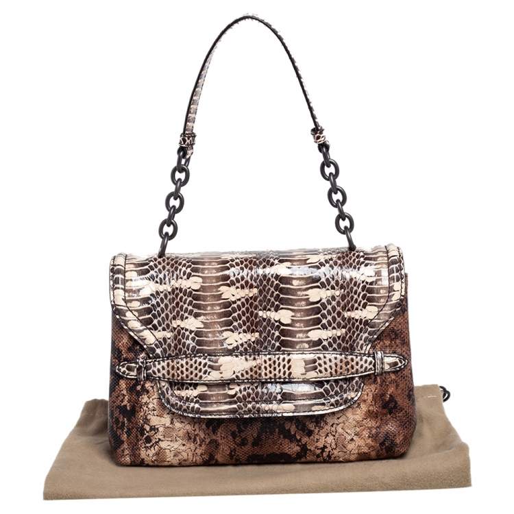 Pre Owned  Bottega Veneta Brown Intrecciato Karung and Watersnake Detail Flap Shoulder Bag