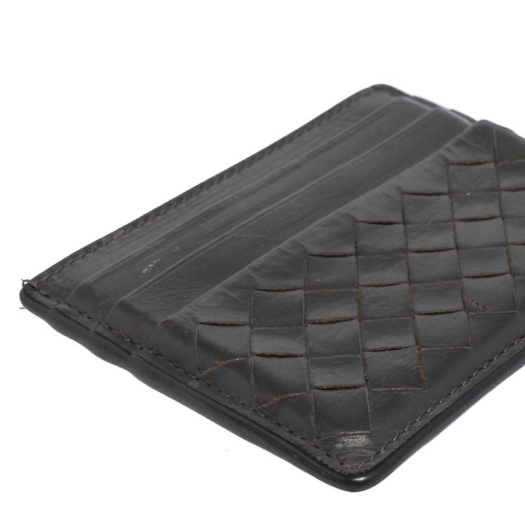 Pre Owned Bottega Veneta Dark Grey Intrecciato Leather Card Holder