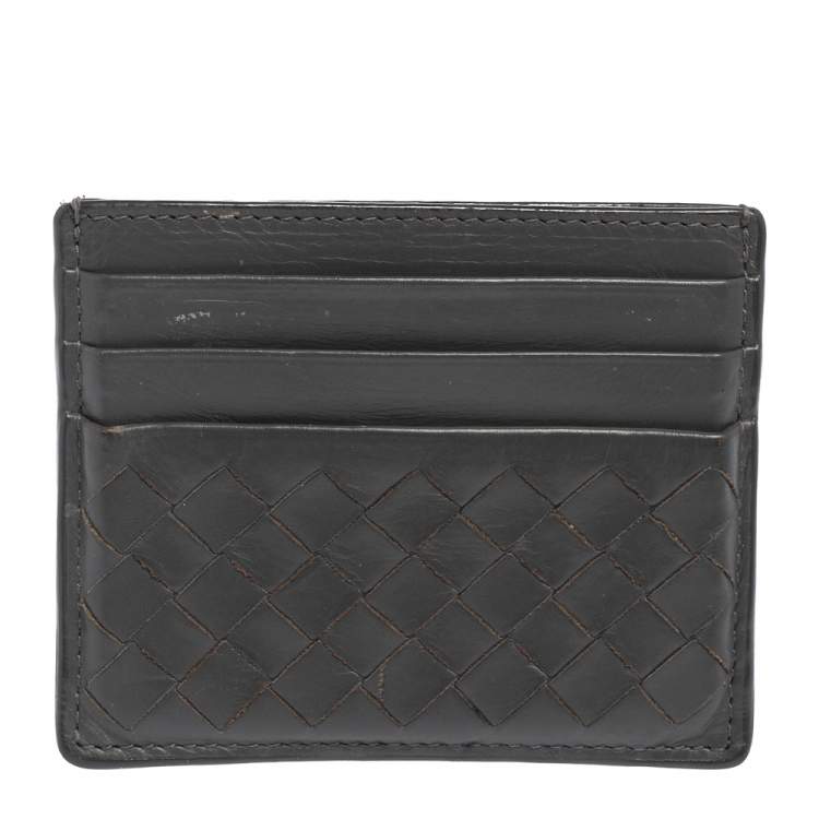 Pre Owned Bottega Veneta Dark Grey Intrecciato Leather Card Holder