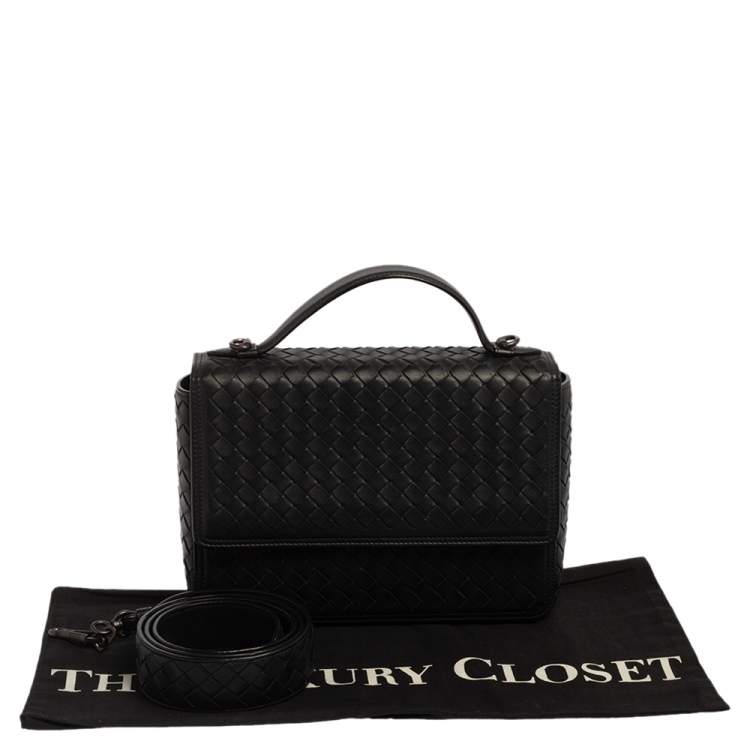 Pre Owned Bottega Veneta Black Intrecciato Leather Alumna Top Handle Bag