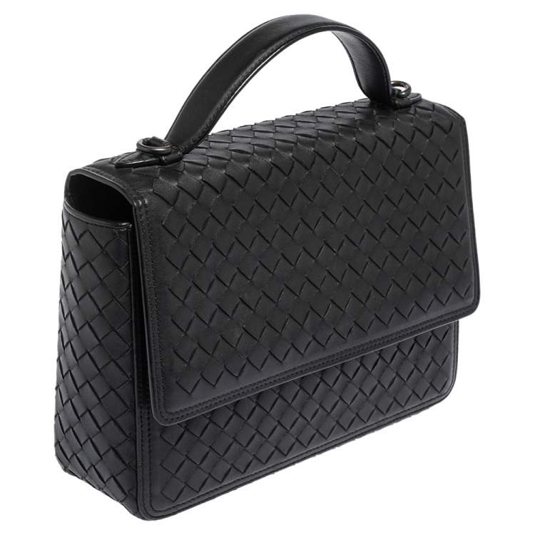 Pre Owned Bottega Veneta Black Intrecciato Leather Alumna Top Handle Bag