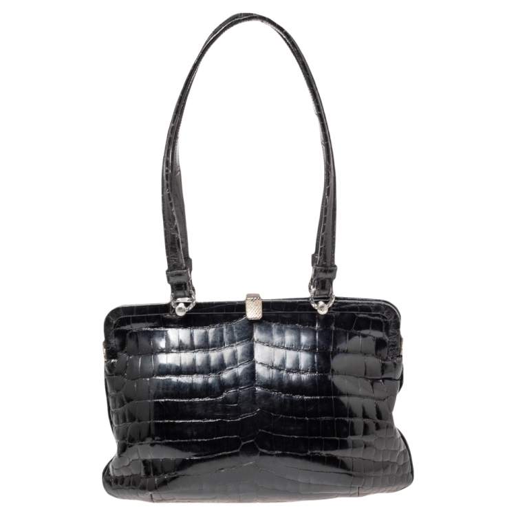 Pre Owned Bottega Veneta Black Crocodile Frame Satchel