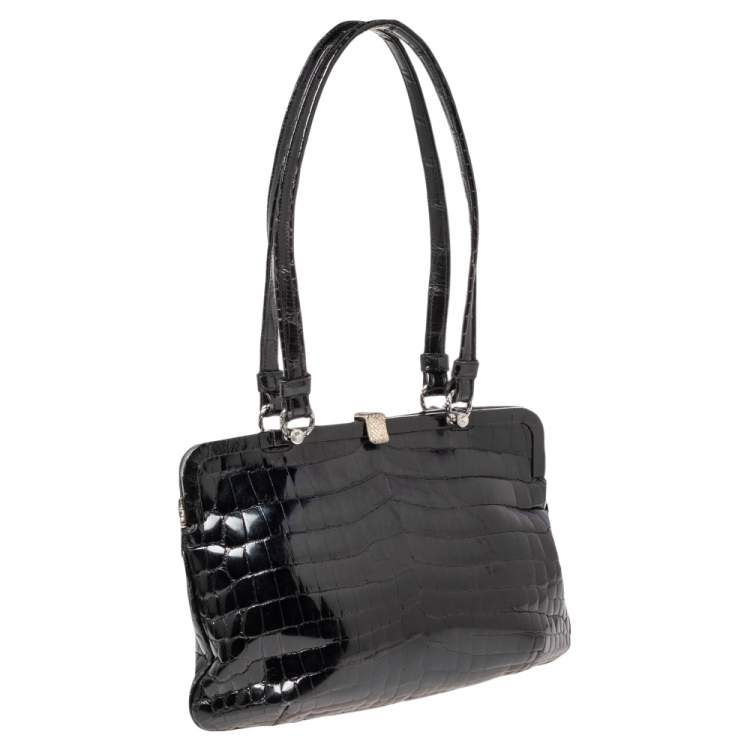 Pre Owned Bottega Veneta Black Crocodile Frame Satchel