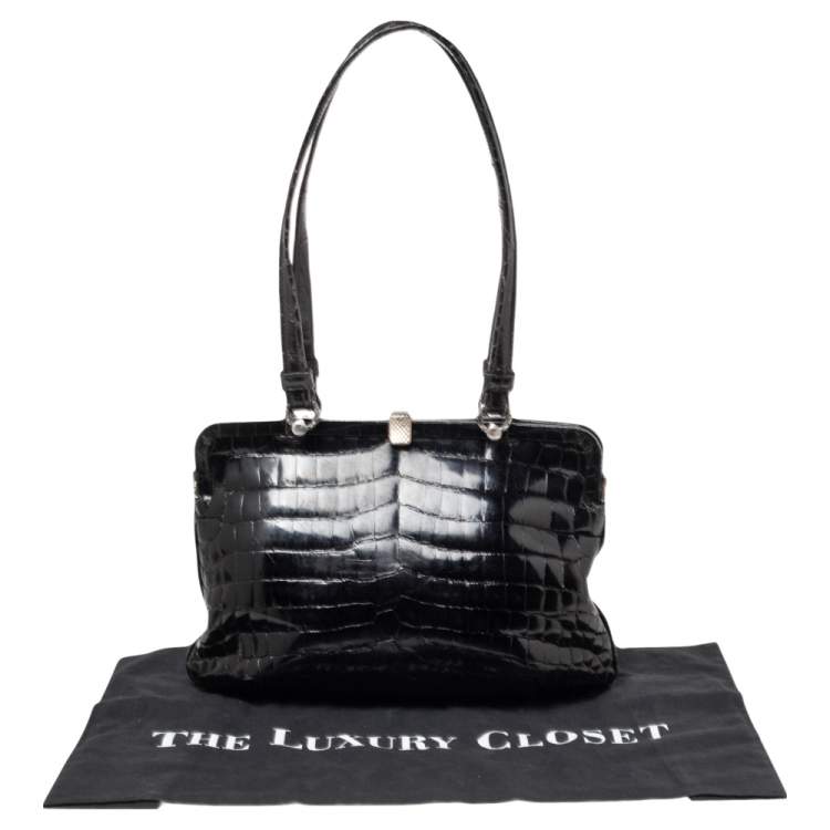 Pre Owned Bottega Veneta Black Crocodile Frame Satchel