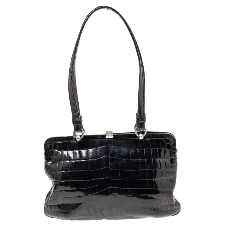 Pre Owned Bottega Veneta Black Crocodile Frame Satchel