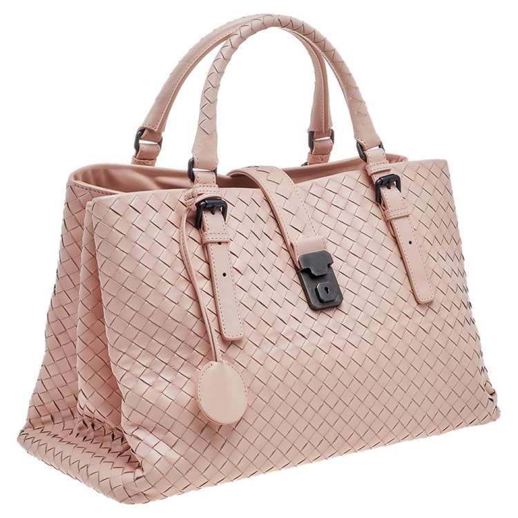 Pre Owned Bottega Veneta Pink Intrecciato Leather Medium Roma Tote