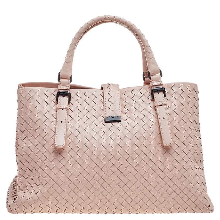 Pre Owned Bottega Veneta Pink Intrecciato Leather Medium Roma Tote