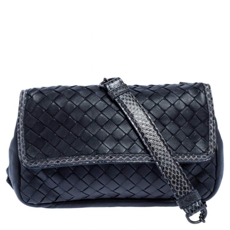 Bottega Veneta Dark Blue/Black Snake Skin and Intrecciato Leather Shoulder  Bag Bottega Veneta