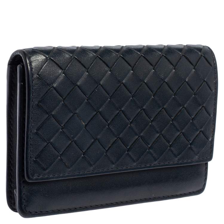 Pre Owned Bottega Veneta Navy Blue Intrecciato Leather Business Card Holder
