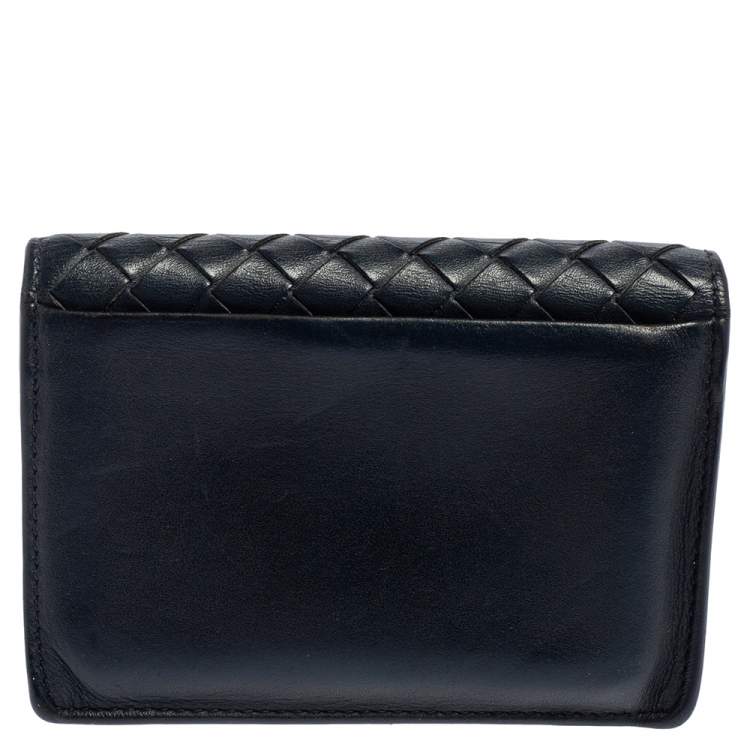 Pre Owned Bottega Veneta Navy Blue Intrecciato Leather Business Card Holder
