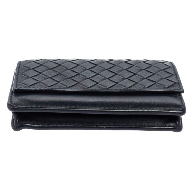 Pre Owned Bottega Veneta Navy Blue Intrecciato Leather Business Card Holder