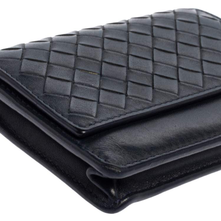Pre Owned Bottega Veneta Navy Blue Intrecciato Leather Business Card Holder