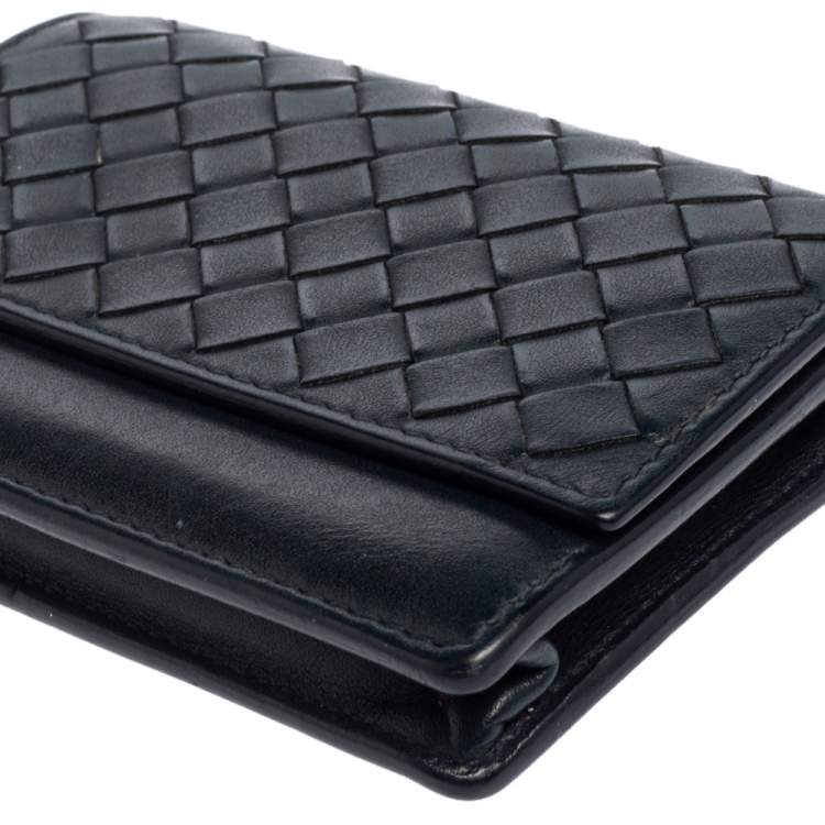 Pre Owned Bottega Veneta Navy Blue Intrecciato Leather Business Card Holder
