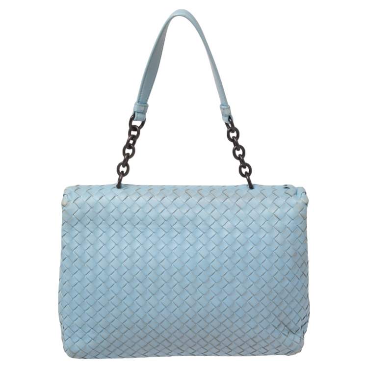 Pre Owned Bottega Veneta Light Blue Intrecciato Leather Medium Olimpia Shoulder Bag