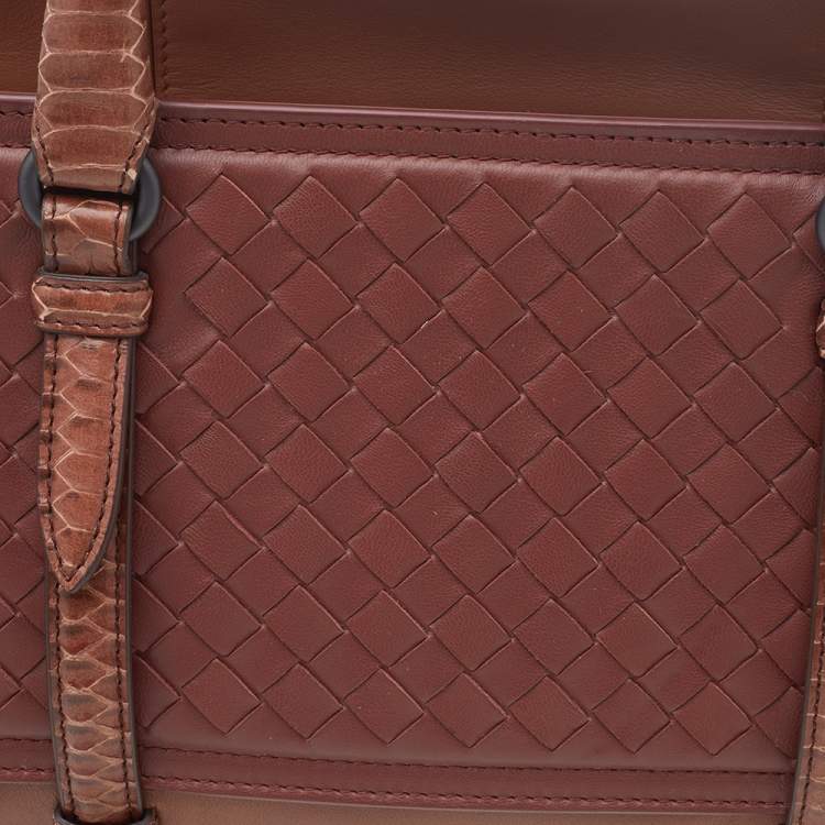 Pre Owned Bottega Veneta Brown Intrecciato Leather And Python Monaco Bag