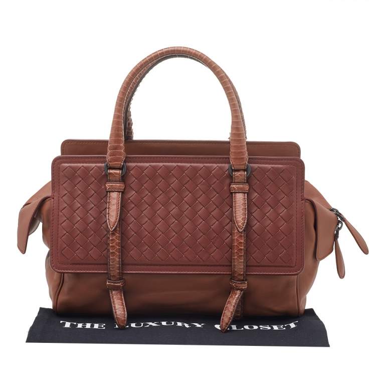 Pre Owned Bottega Veneta Brown Intrecciato Leather And Python Monaco Bag