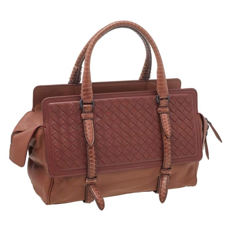 Pre Owned Bottega Veneta Brown Intrecciato Leather And Python Monaco Bag