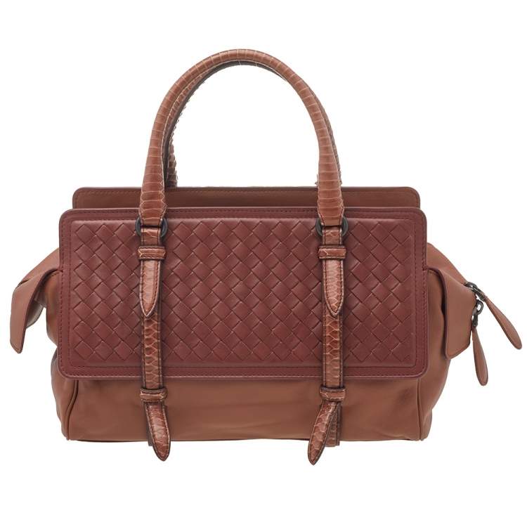 Pre Owned Bottega Veneta Brown Intrecciato Leather And Python Monaco Bag