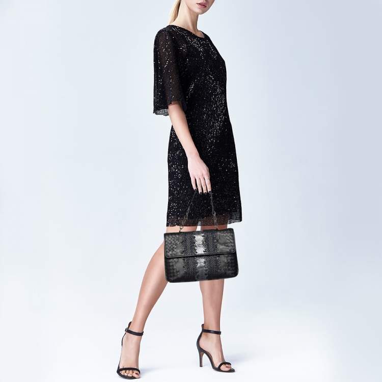 Pre Owned Bottega Veneta Black/Blue Intrecciato Leather And Python Trim Olimpia Bag