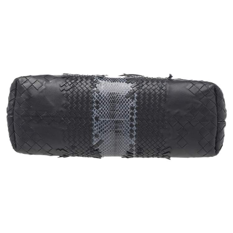 Pre Owned Bottega Veneta Black/Blue Intrecciato Leather And Python Trim Olimpia Bag
